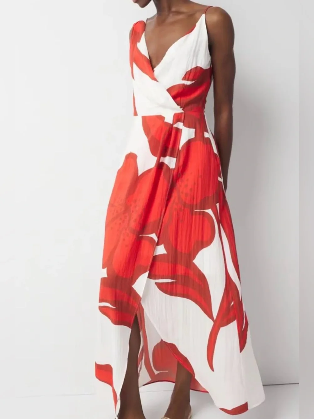 White House Black Market Asymmetric Red and White Floral Wrap Maxi Dress - Picture 1 of 16